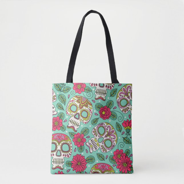 Tote Bag Crâne et fleurs mexicaines, sans soudure. (Devant)