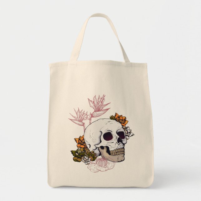Tote Bag Crâne et fleurs sombres (Devant)