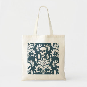 Tote Bag Crâne flamme Damas en blanc croustillant sur bleu