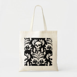 Tote Bag Crâne flamme Damas en blanc foncé sur noir