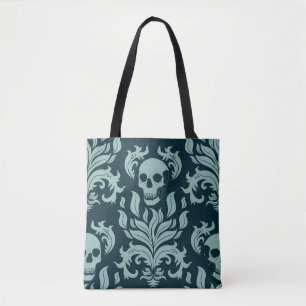Tote Bag Crâne flamme Damas en vert menthe sur bleu profond