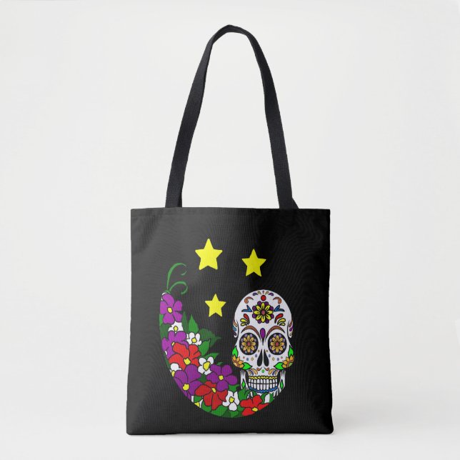 Tote Bag Crâne, fleurs et étoiles de sucre (Devant)