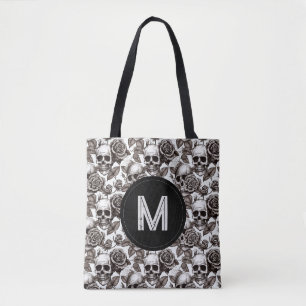 Tote Bag Crâne floral à monogramme noir blanc Halloween 