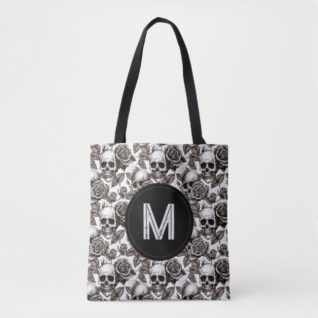 Tote Bag Crâne floral à monogramme noir blanc Halloween  (Devant)