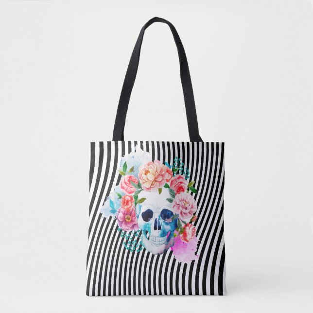 Tote Bag Crâne floral d'aquarelle avec des rayures (Devant)
