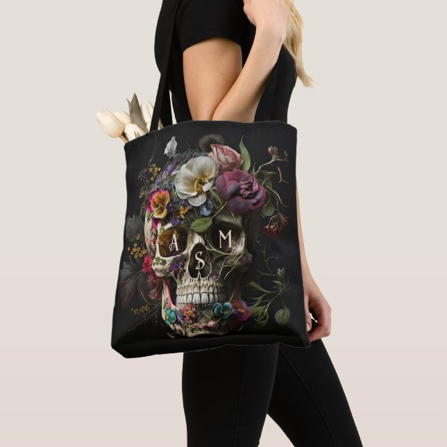 Tote Bag Crâne floral Goth Pagan Monogramme Initiales (De près)