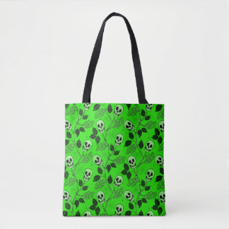 Tote Bag Crâne Floral Vert Néon Gothique