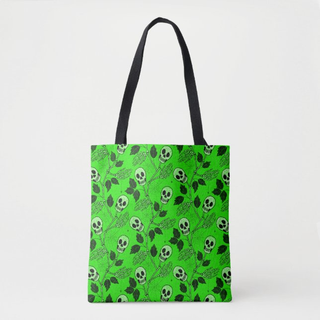 Tote Bag Crâne Floral Vert Néon Gothique  (Devant)