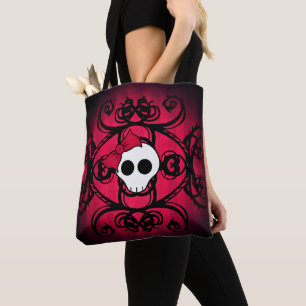Tote Bag Crâne girly gothique mignon avec l'arc rouge et