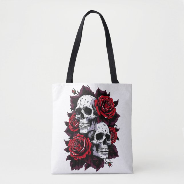 Tote Bag Crâne gothique et Motif Rose (Devant)