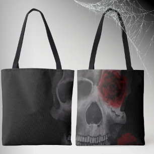 Tote Bag Crâne gothique et roses rouges muets