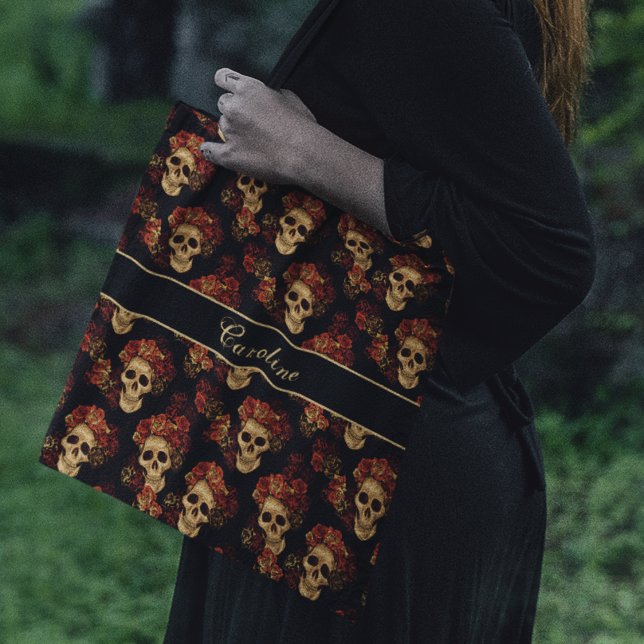 Tote Bag Crâne gothique Rouge Rose Noir Monogramme Hallowee (Créateur téléchargé)