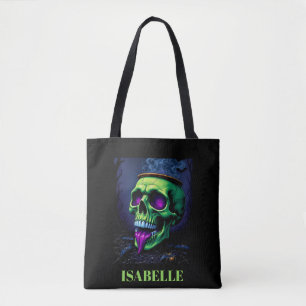 Tote Bag crâne hanté vert néon gothique nuit halloween