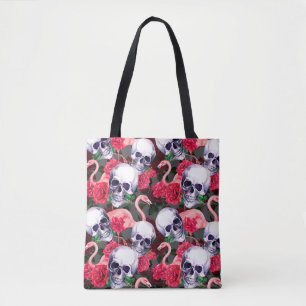 Tote Bag Crâne humain avec flamants et fleurs de rose rouge