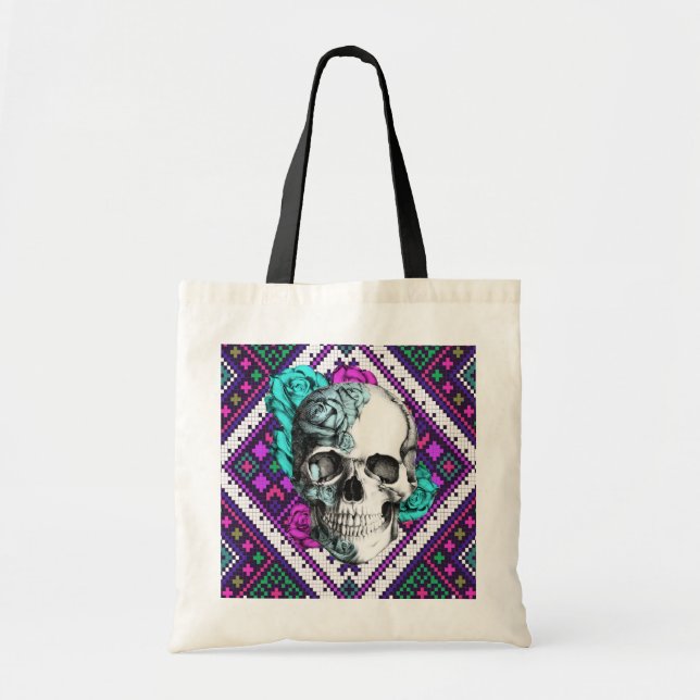 Tote Bag Crâne rose d'Aztèque sur le modèle tribal de pixel (Devant)