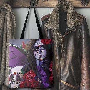 Tote Bag Crâne sucre Roses rouges pourpre