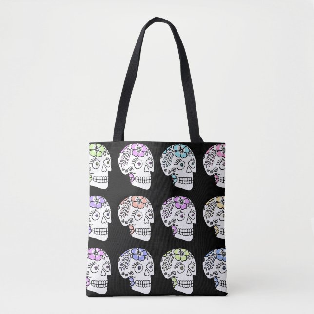 Tote Bag Crânes À Sucre Avec Fleurs (Devant)