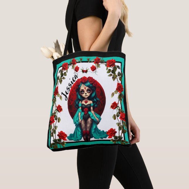 Tote Bag Crânes de sucre avec roses sarcelles et rouges (De près)