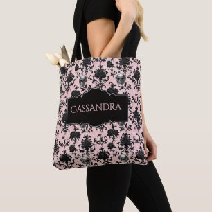 Tote Bag Crânes et roses gothiques roses et noirs personnal