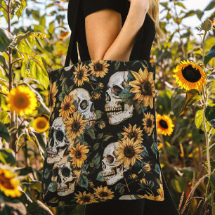 Tote Bag Crânes gothiques et tournesols Floral foncé
