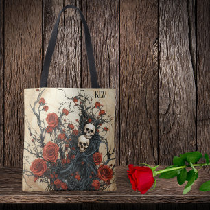 Tote Bag Crânes gothiques, vignes noires et roses rouges Mo