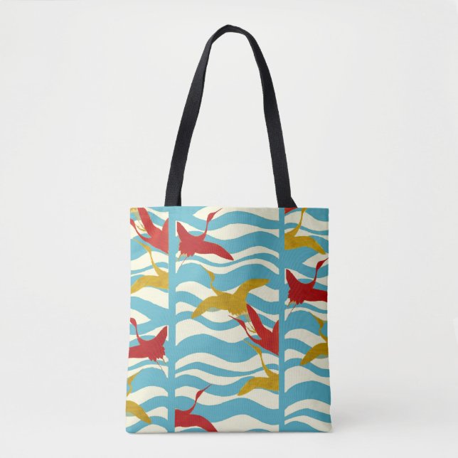 TOTE BAG CRANES ROUGES JAUNES VOLANT SUR DES VAGUES BLANCHE (Devant)