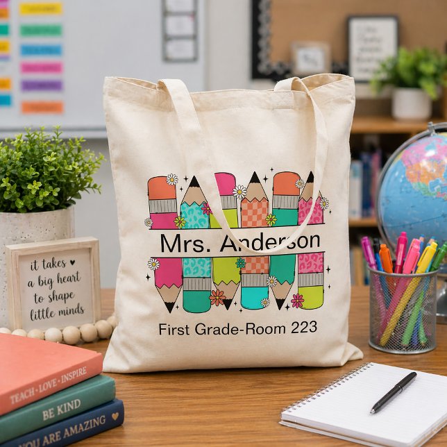 Tote Bag Crayon de couleur Professeur Nom Classe (Teacher tote bag)
