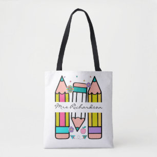 Tote Bag Crayon de nom d'enseignant de dessin animé coloré