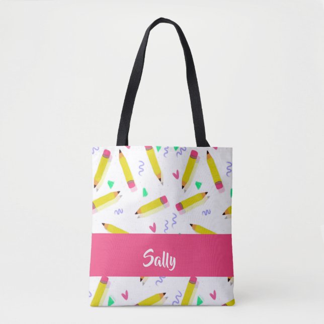 Tote Bag Crayons et rayures jaunes sur blanc (Devant)