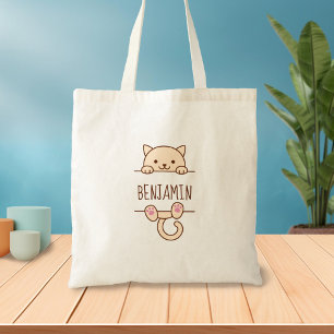Tote Bag Cream Cat Peeking behind Custom Name