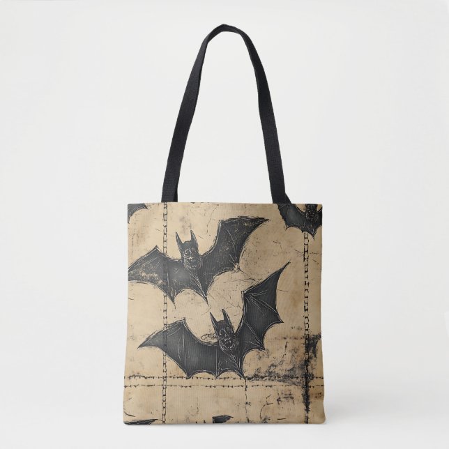 Tote Bag Cream Denim Grunge Patchwork avec Chauves-souris (Devant)