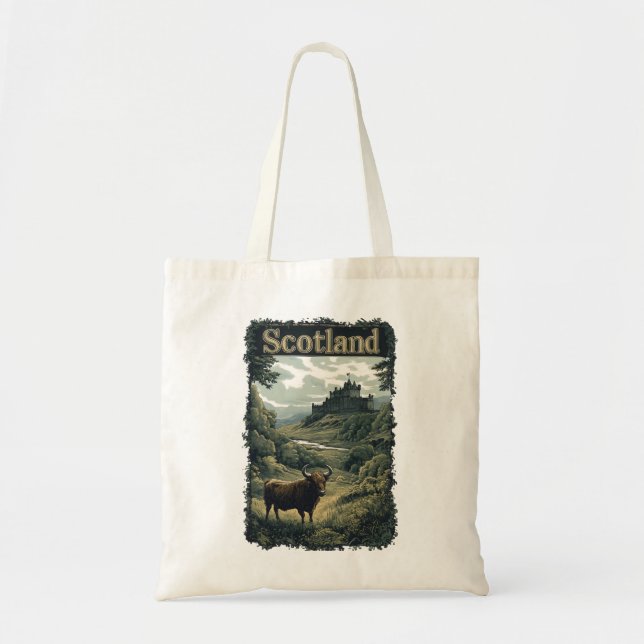 Tote Bag Création Écossaise : Vache des Highlands, Château  (Devant)