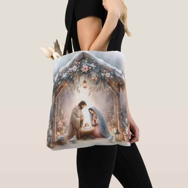 Tote Bag Crèche rustique avec fleurs d'hiver (De près)