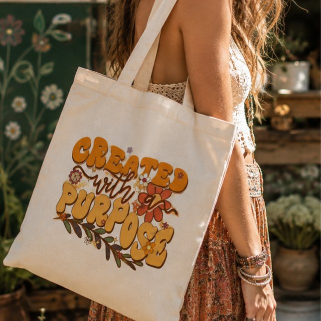 Tote Bag Créé avec un but, Boho esthétique, Vibe rétro (Créateur téléchargé)