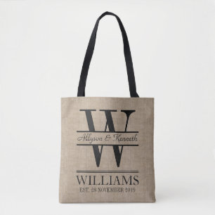 Tote Bag Créez votre propre logo Burlap Anniversaire Monogr