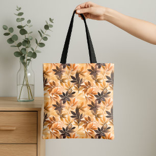 Tote Bag Crème Brun, Motif Aquarelle de Feuilles d'Automne