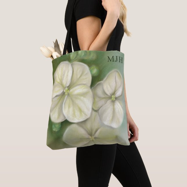 Tote Bag Crème douce Pastel Blanc Hydrangea Monogramme Flor (De près)