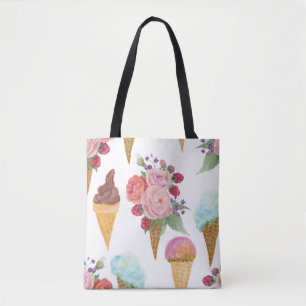 Tote Bag Crème glacée, framboises : motif aquarelle.