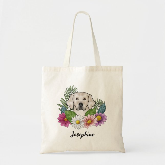 Tote Bag Crème Golden Retriever Fleurs colorées et nom (Devant)