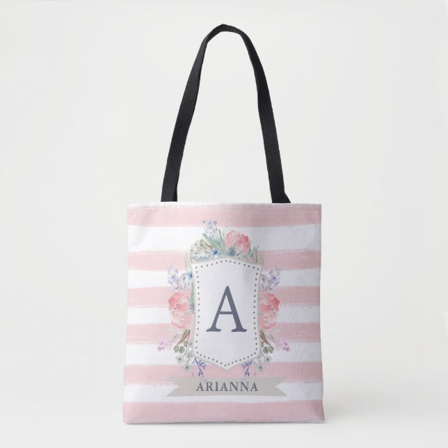 Tote Bag Crête florale d'aquarelle avec la rayure du (Devant)