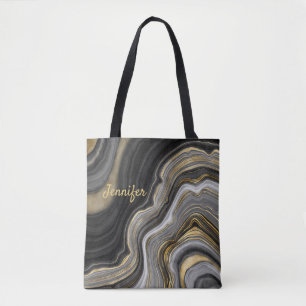 Tote Bag Cristal d'agate noire dorée moderne Personnaliser 