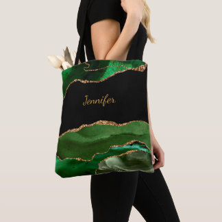 Tote Bag Cristal d'Agate Vert Moderne Personnalisé avec Nom