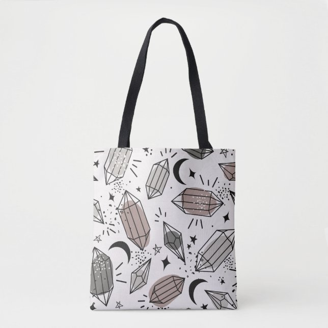 Tote Bag Cristaux, Lune, Étoiles, Design Chevauché. (Devant)