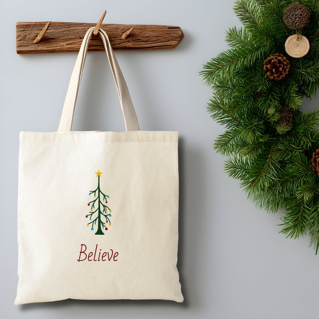 Tote Bag Croire À feuillage persistant arbre moderne Noël (Créateur téléchargé)