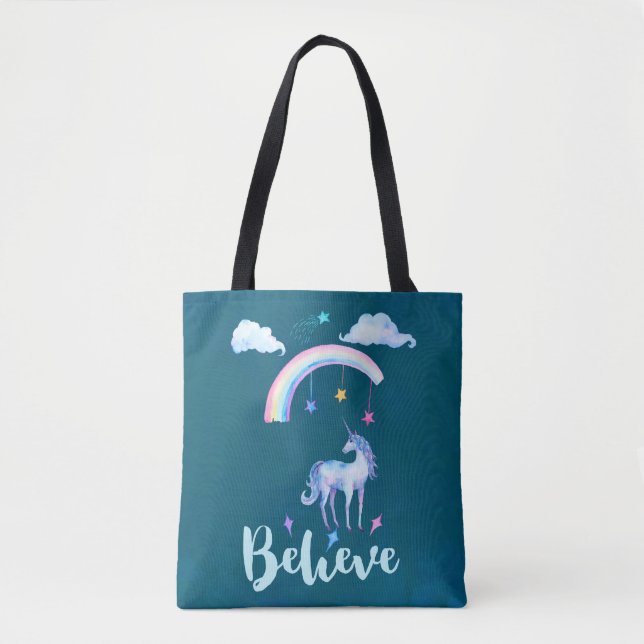 Tote Bag Croire avec une licorne sous un arc-en-ciel (Devant)