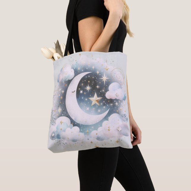 Tote Bag Croissant de Lune Céleste Bleu et Blanc Bohème Mod (De près)