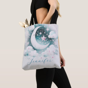 Tote Bag Croissant de Lune Céleste Bleu et Blanc Bohème Mod