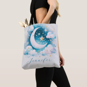 Tote Bag Croissant de lune céleste bleu et blanc Bohème Mod