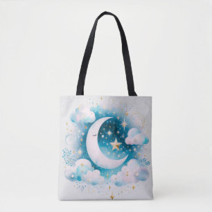 Tote Bag Croissant de Lune Céleste Bleu et Blanc Bohème Mod