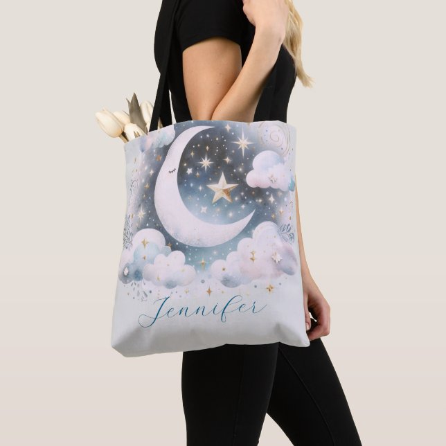 Tote Bag Croissant de Lune Céleste Bleu et Blanc Bohème Mod (De près)